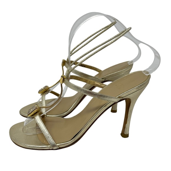 STUART WEITZMAN Gold Jewel Strappy Heels Sz 7 Leather Party Prom Event Wedding - Picture 6 of 14